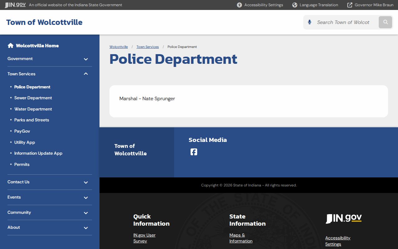 Wolcottville Police Department official arrest-record contact page for LaGrange County